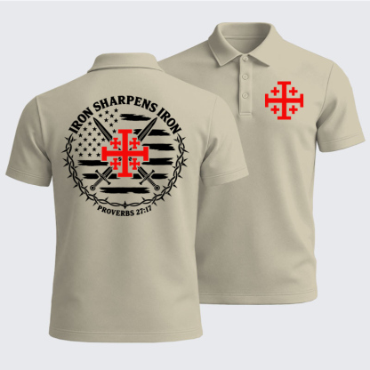 Men’s Premium Cotton Polo Shirt - Iron Sharpens Iron – Jerusalem Cross & American Flag - Apricot (front and back)