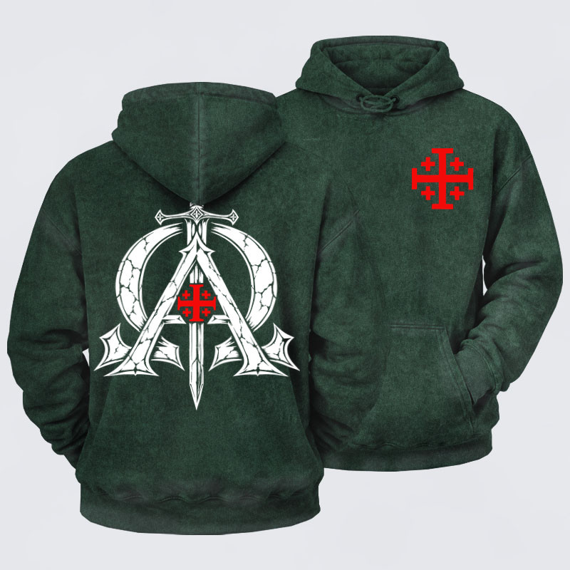 Washed Hoodie - Alpha & Omega – Revelation 22:13 Christian Warrior - Forest green (front and back)