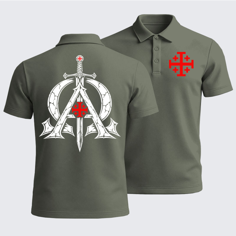 Men’s Premium Cotton Polo Shirt - Alpha & Omega – Revelation 22:13 Christian Warrior - Grey Green (front and back)