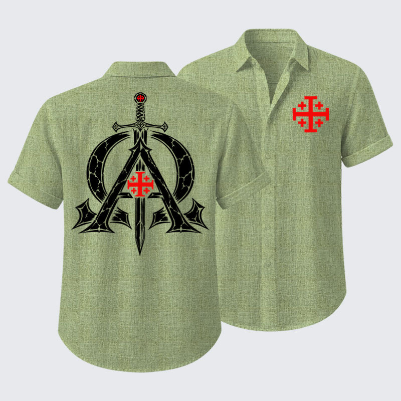 Short Sleeve Casual Shirt - Alpha & Omega – Revelation 22:13 Christian Warrior - Light Green (front and back)