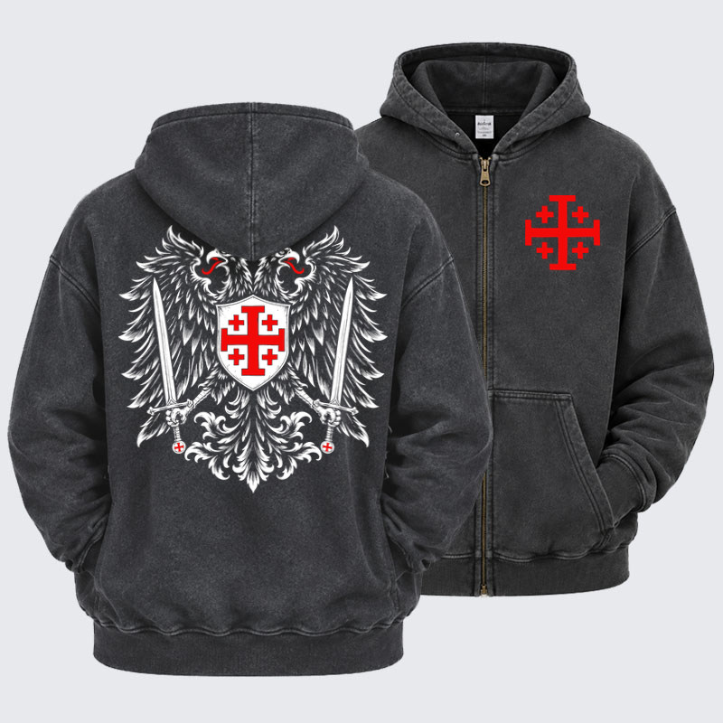 Washed Zip-Up Hoodie - Jerusalem Cross – Christian Double-Headed Eagle Warrior - Black (front and back)