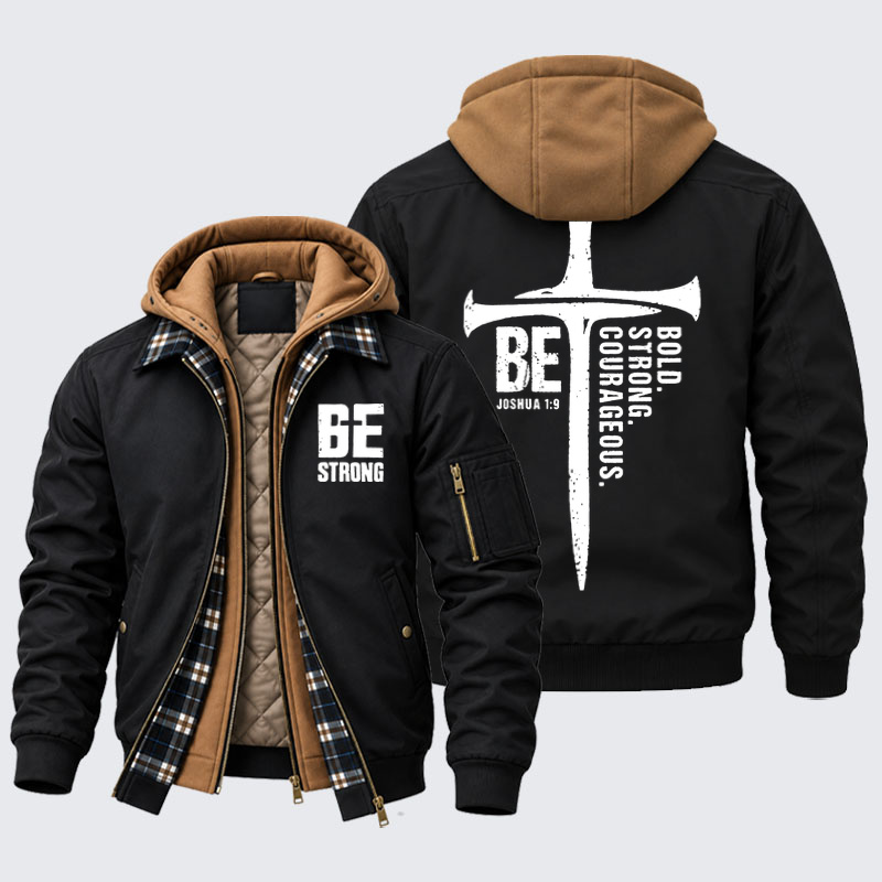 Hooded Bomber Jacket - Be Bold Strong Courageous - Black (front and back)