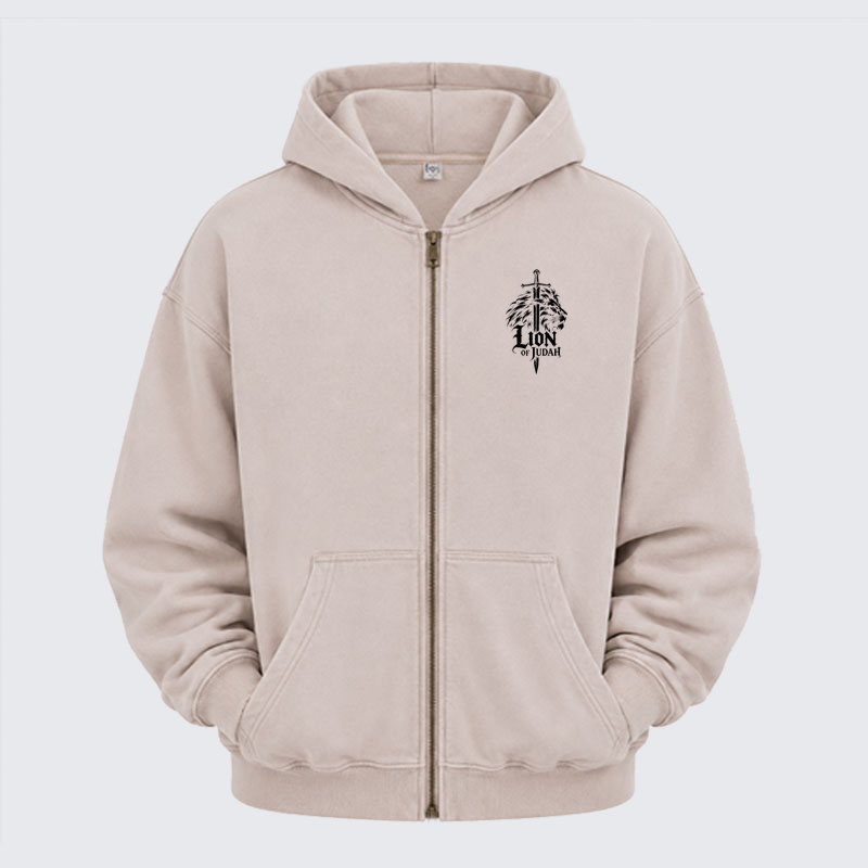 Washed Zip-Up Hoodie - Lion of Judah - Beige (front)
