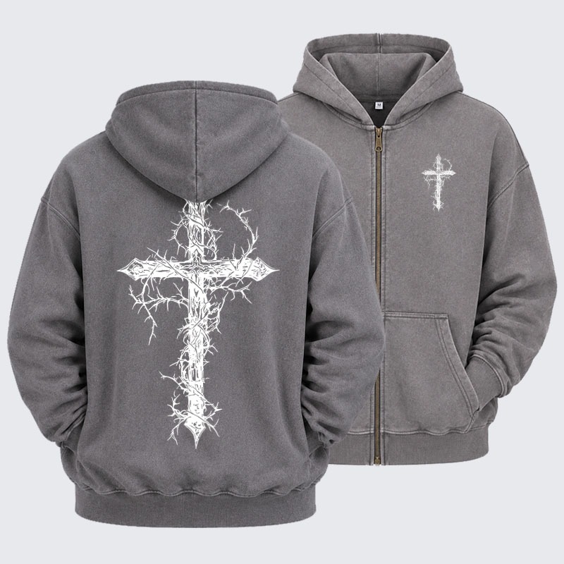 Washed Zip-Up Hoodie - Cross - Grey (front and back)