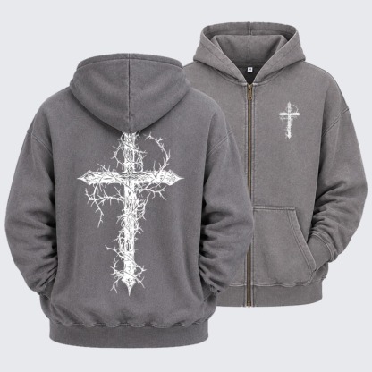 Washed Zip-Up Hoodie - Cross - Grey (front and back)
