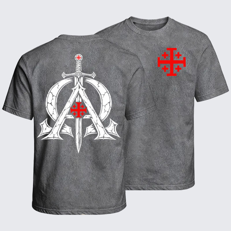 Washed T-Shirt - Alpha & Omega – Revelation 22:13 Christian Warrior - Light Gray (front and back)