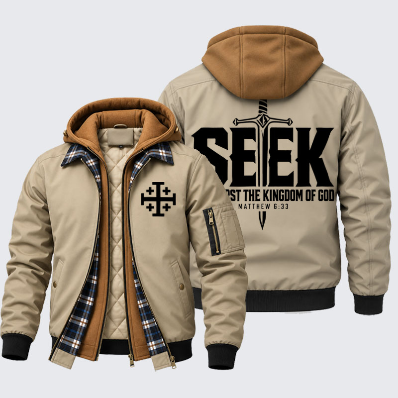 Hooded Bomber Jacket - Seek First the Kingdom of God – Matthew 6:33 - Khaki (front and back)