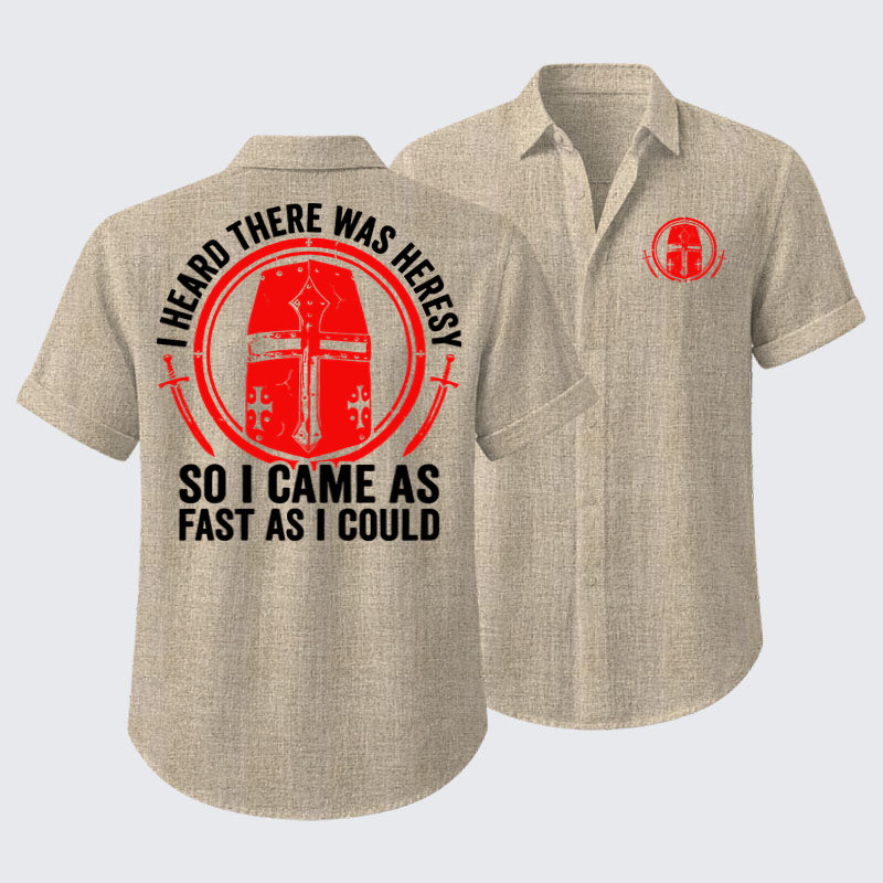 Short Sleeve Casual Shirt - I Heard There Was Heresy. So I Came As Fast As I Could Crusader Joke - Apricot (front and back)