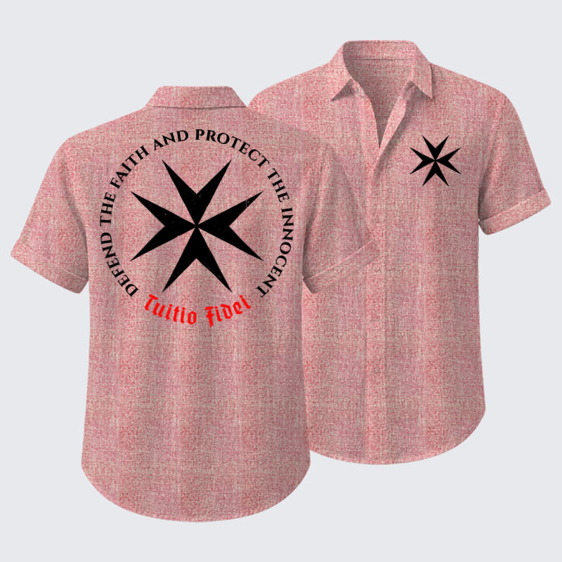 Short Sleeve Casual Shirt - Defend the Faith, Protect the Innocent Christian Knighti – Tuitio Fide - Pink (front and back)