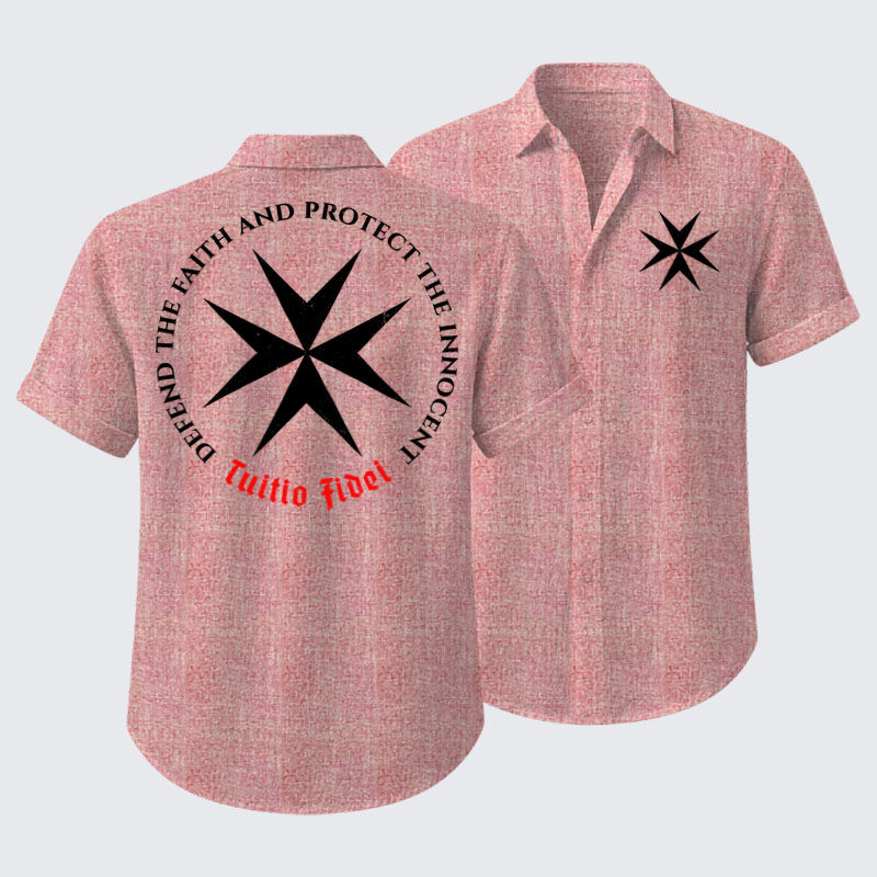 Short Sleeve Casual Shirt - Defend the Faith, Protect the Innocent Christian Knighti – Tuitio Fide - Pink (front and back)