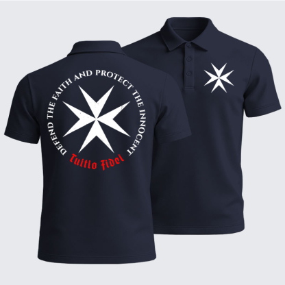 Men’s Premium Cotton Polo Shirt - Defend the Faith, Protect the Innocent Christian Knighti – Tuitio Fide - Navy (front and back)