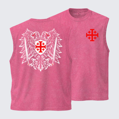 Washed Tank Top - Jerusalem Cross – Christian Double-Headed Eagle Warrior - Pink (front and back)