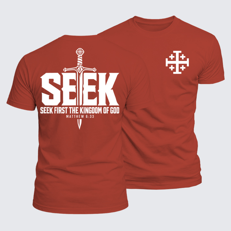 Luxe Mercerized Cotton Tee - Seek First the Kingdom of God – Matthew 6:33 - Brick Red (front and back)