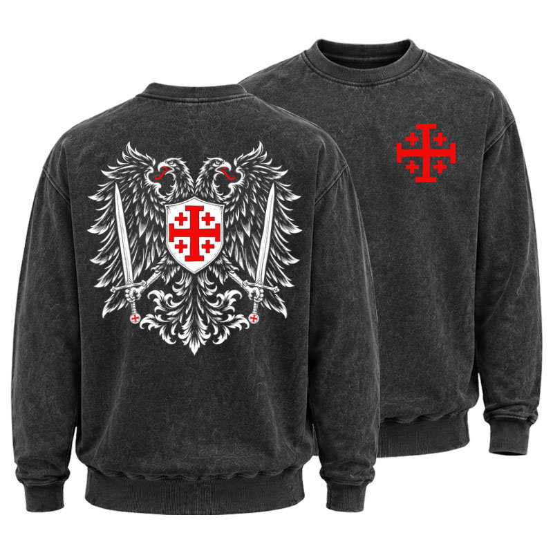 Washed Sweatshirt - Jerusalem Cross – Christian Double-Headed Eagle Warrior - Black (front and back)