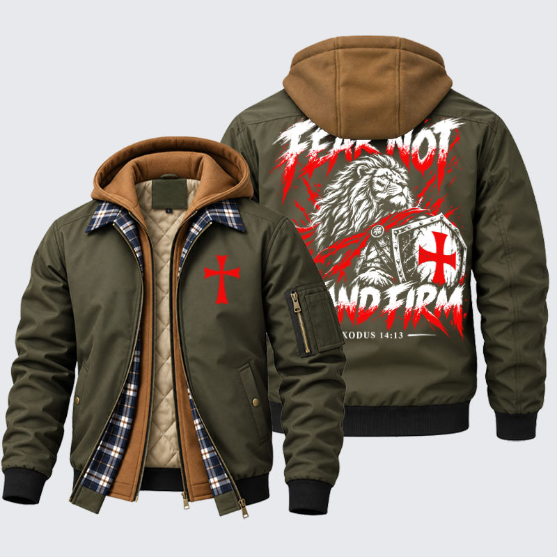 Hooded Bomber Jacket - Fear Not – Stand Firm Lion - Army Green (front and back)
