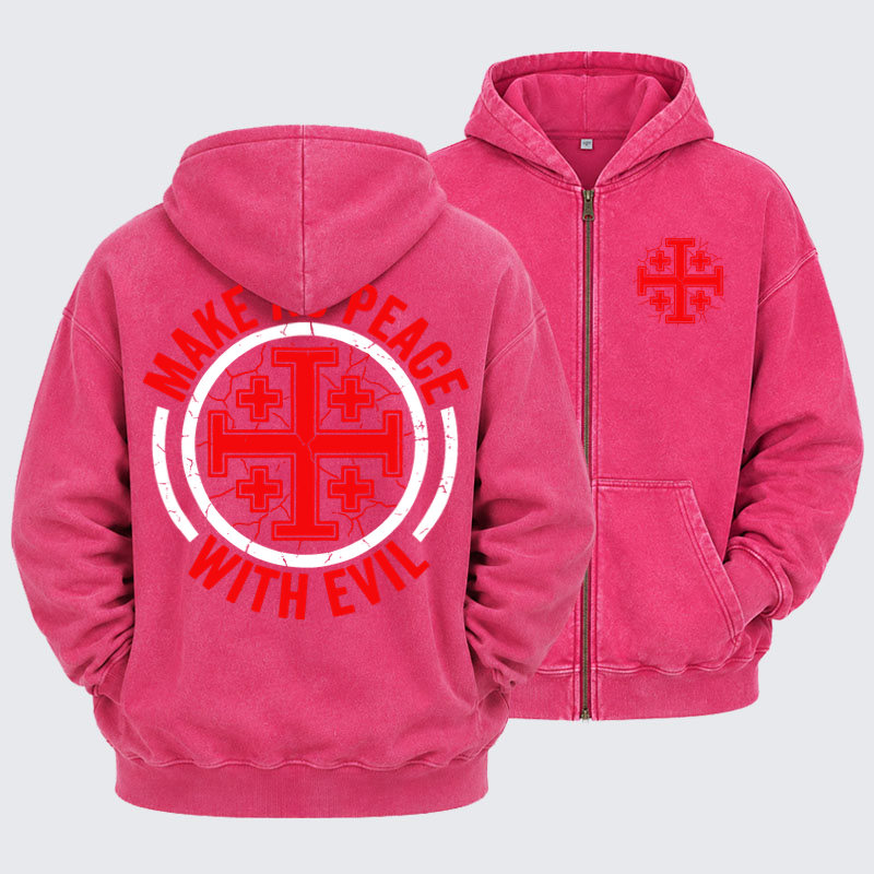 Washed Zip-Up Hoodie - Make No Peace with Evil Knight Templar Jerusalem Cross - Pink (front and back)