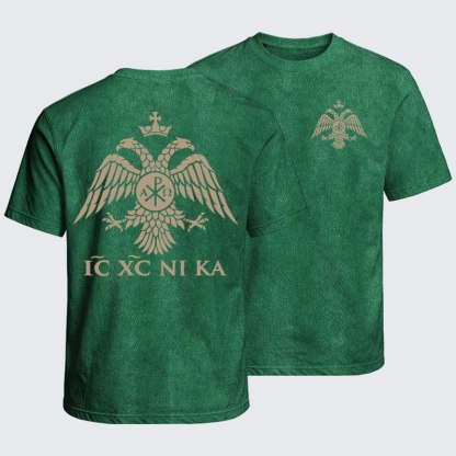 Washed T-Shirt - IC XC NIKA – Chi-Rho Double-Headed Eagle - Grass Green (front and back)