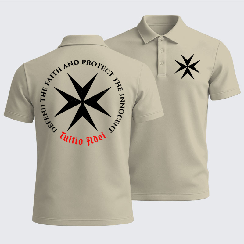 Men’s Premium Cotton Polo Shirt - Defend the Faith, Protect the Innocent Christian Knighti – Tuitio Fide - Apricot (front and back)