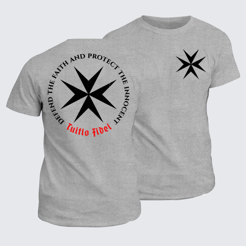 Classic Cotton Tee - Defend the Faith, Protect the Innocent Christian Knighti – Tuitio Fide - Light Gray (front and back)