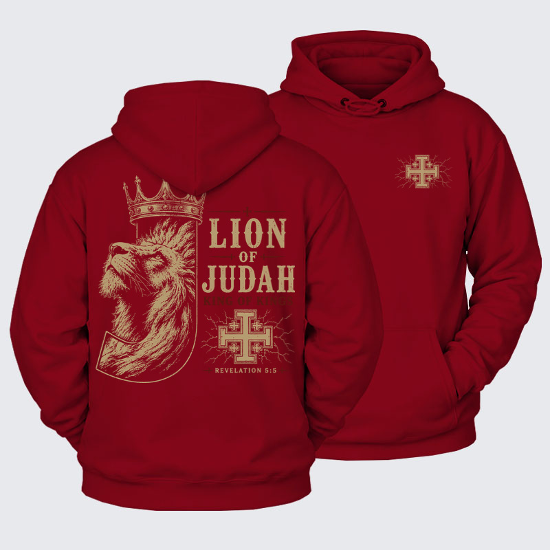 Plush Fleece-Lined Hoodie - Lion of Judah - Dark Red (front and back)