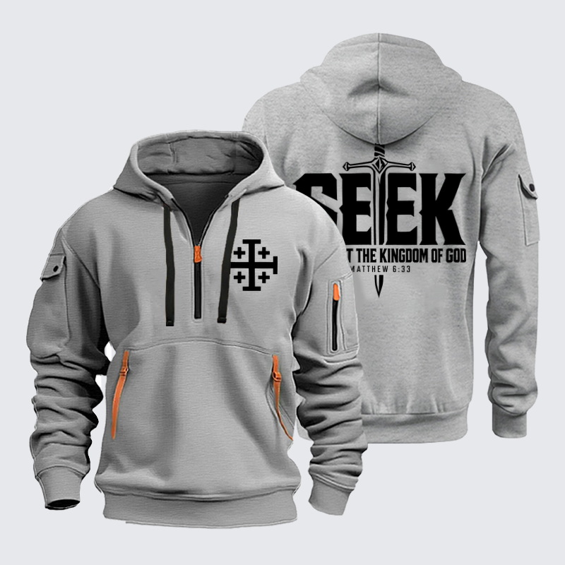 Zipper Hoodies - Seek First the Kingdom of God – Matthew 6:33 - Light Gray (front and back)