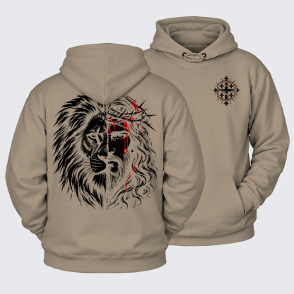 Plush Fleece-Lined Hoodie - Lion of Judah & Jesus – Crown of Thorns - Gray Coffee (front and back)