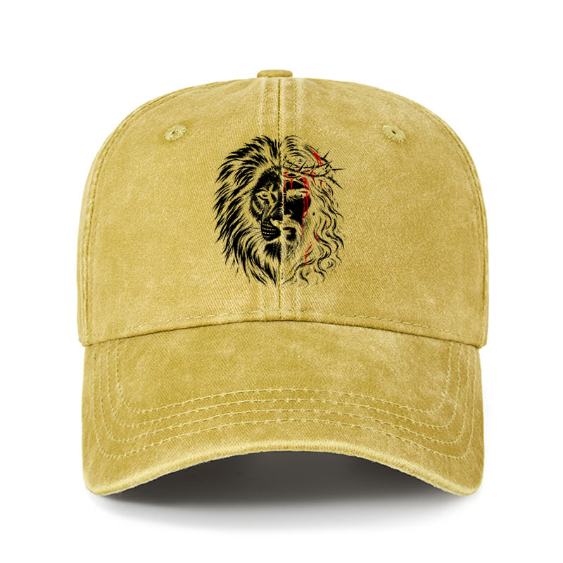 Heritage Washed Cap - Lion of Judah & Jesus – Crown of Thorns - Yellow (front)