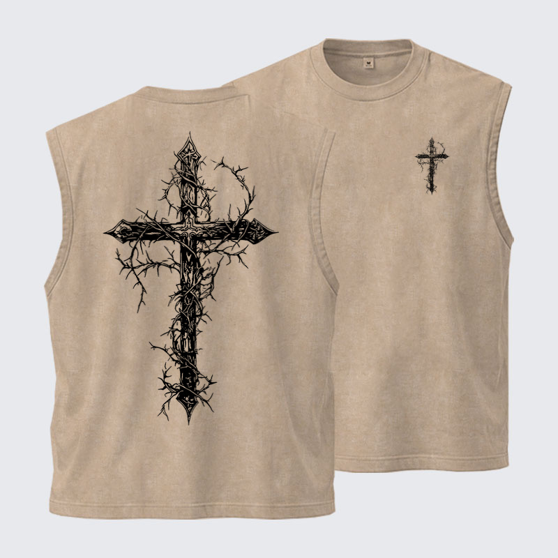 Washed Tank Top - Cross - Khaki (front and back)