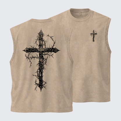 Washed Tank Top - Cross - Khaki (front and back)