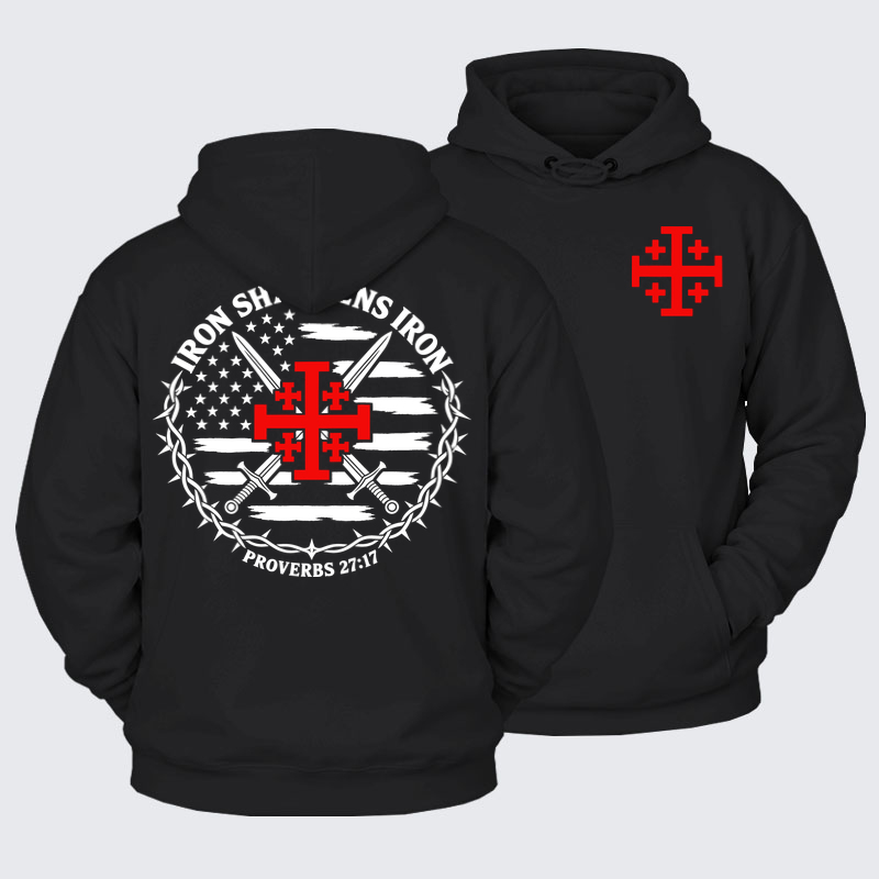 Plush Fleece-Lined Hoodie - Iron Sharpens Iron – Jerusalem Cross & American Flag - Black (front and back)