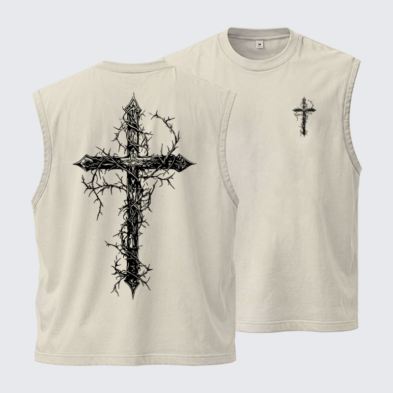 Washed Tank Top - Cross - Beige (front and back)