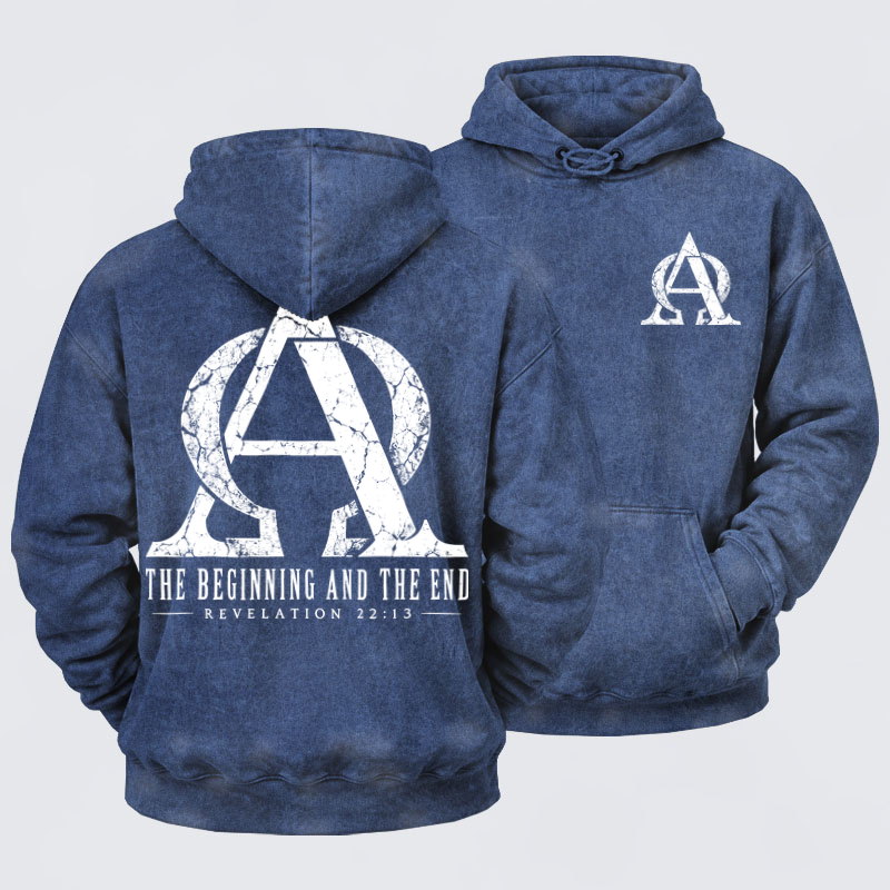 Washed Hoodie - Alpha & Omega – The Beginning and the End - Navy Blue (front and back)