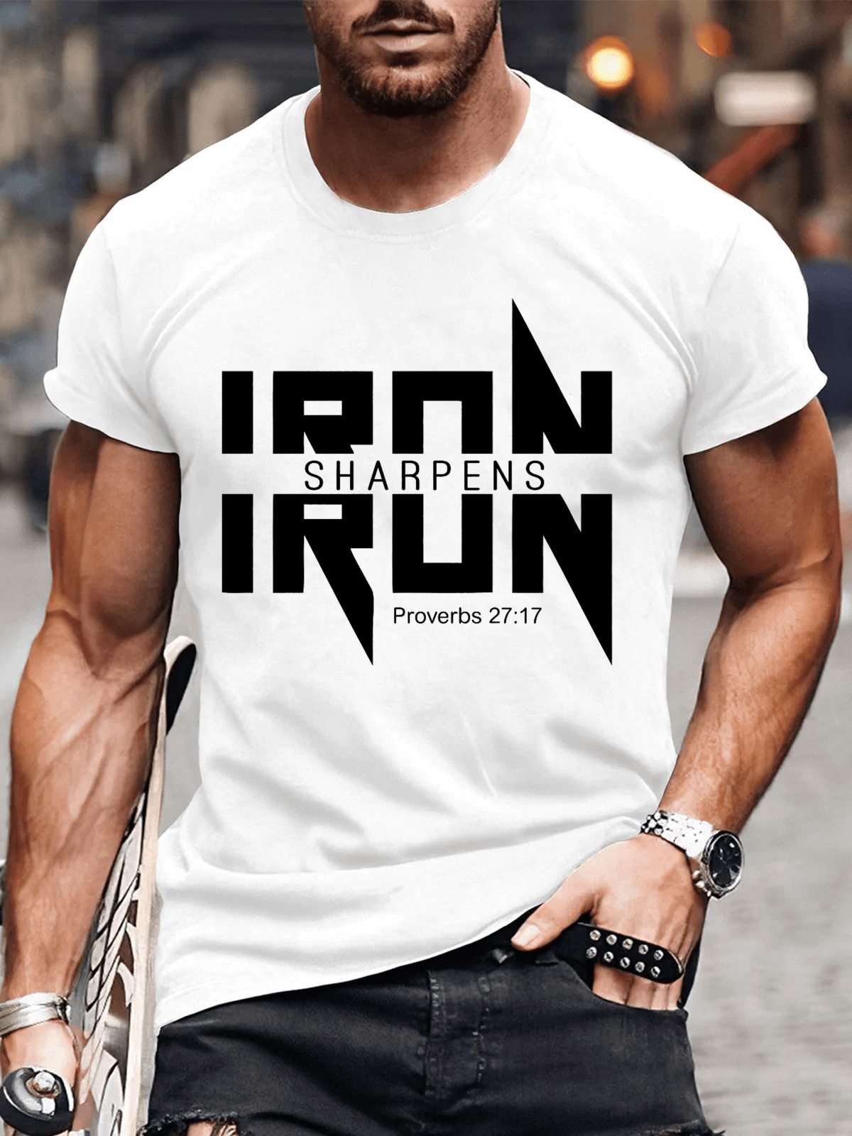 IRON SHARPENS IRON Proverbs 27:17 Christian Men's T-shirt