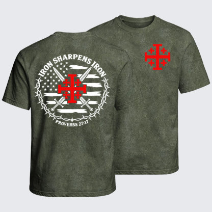 Washed T-Shirt - Iron Sharpens Iron – Jerusalem Cross & American Flag - Army Green (front and back)