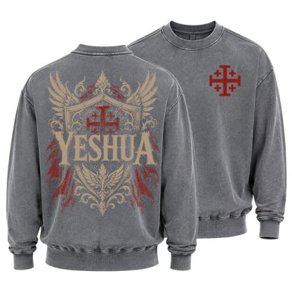 Washed Sweatshirt - Yeshua – King of Kings - Grey (front and back)