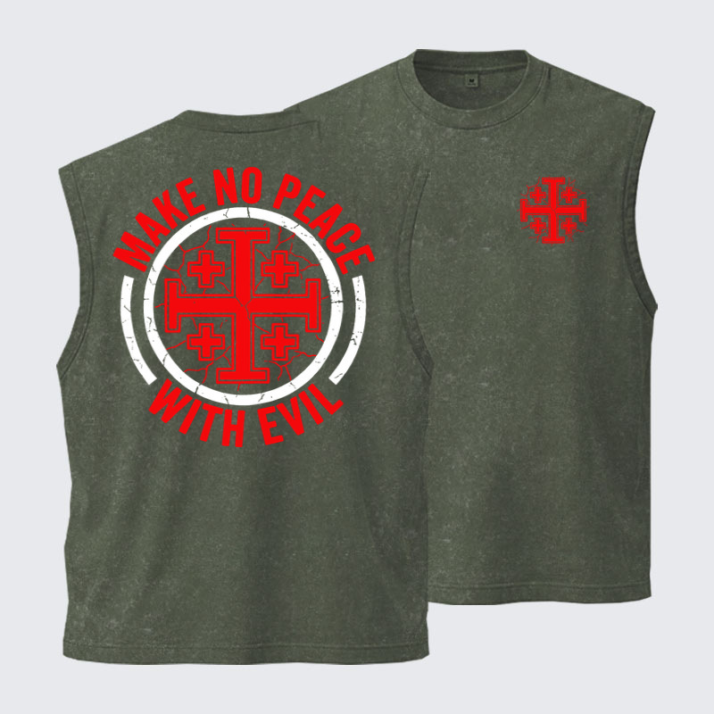 Washed Tank Top - Make No Peace with Evil Knight Templar Jerusalem Cross - Army green (front and back)