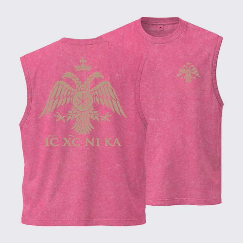 Washed Tank Top - IC XC NIKA – Chi-Rho Double-Headed Eagle - Pink (front and back)
