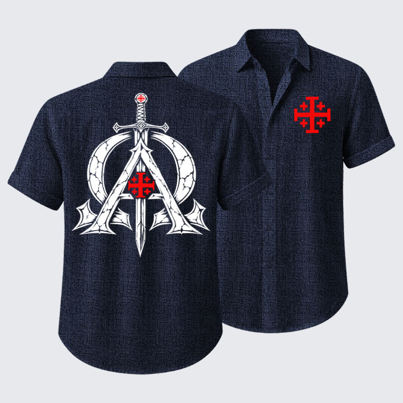 Short Sleeve Casual Shirt - Alpha & Omega – Revelation 22:13 Christian Warrior - Navy blue (front and back)