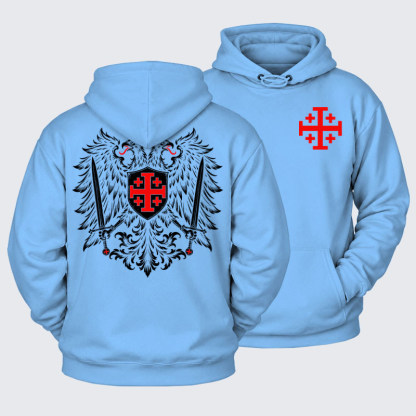 Plush Fleece-Lined Hoodie - Jerusalem Cross – Christian Double-Headed Eagle Warrior - Blue (front and back)