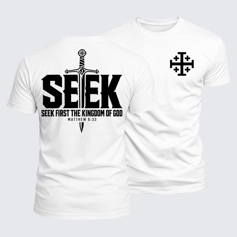 Luxe Mercerized Cotton Tee - Seek First the Kingdom of God – Matthew 6:33 - White (front and back)
