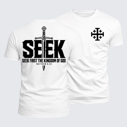 Luxe Mercerized Cotton Tee - Seek First the Kingdom of God – Matthew 6:33 - White (front and back)
