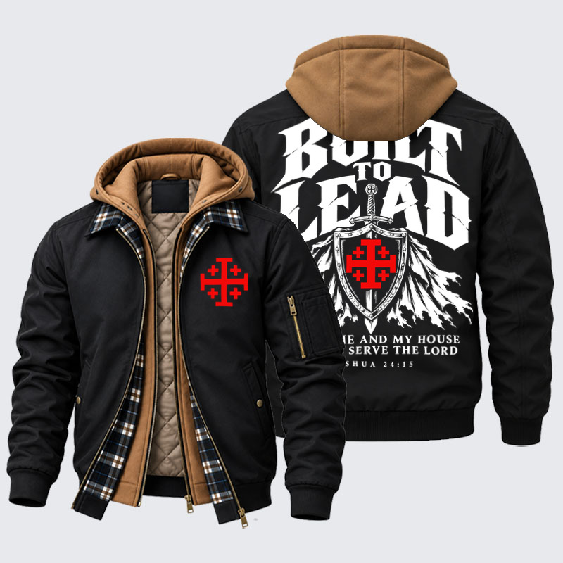 Hooded Bomber Jacket - Built To Lead – As for Me and My House – Joshua 24:15 - Black (front and back)