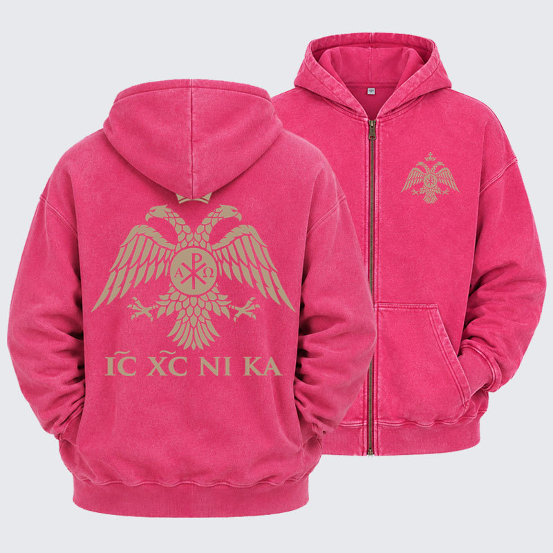 Washed Zip-Up Hoodie - IC XC NIKA – Chi-Rho Double-Headed Eagle - Pink (front and back)