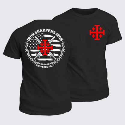 Classic Cotton Tee - Iron Sharpens Iron – Jerusalem Cross & American Flag - Black (front and back)