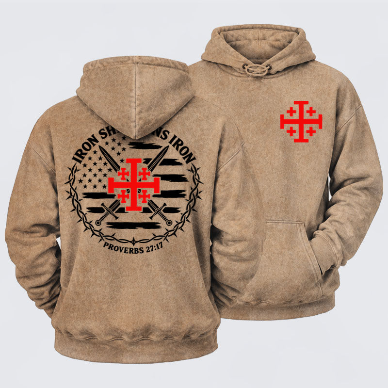 Washed Hoodie - Iron Sharpens Iron – Jerusalem Cross & American Flag - Khaki (front and back)
