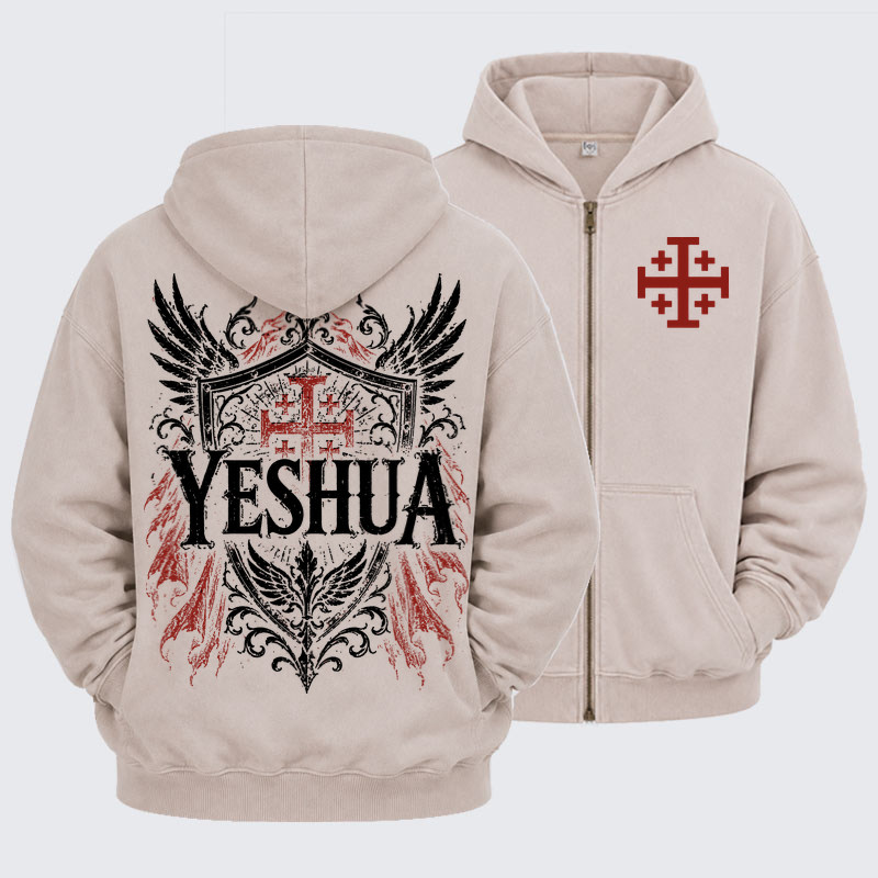 Washed Zip-Up Hoodie - Yeshua – King of Kings - Beige (front and back)