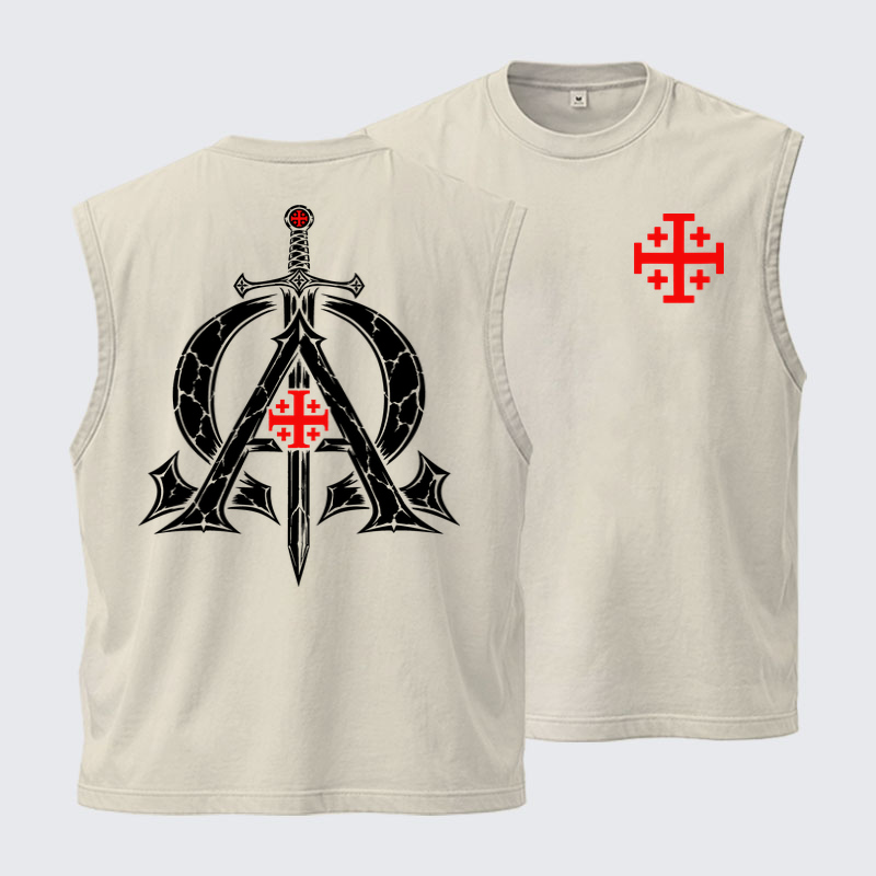 Washed Tank Top - Alpha & Omega – Revelation 22:13 Christian Warrior - Beige (front and back)