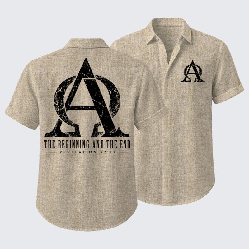 Short Sleeve Casual Shirt - Alpha & Omega – The Beginning and the End - Apricot (front and back)