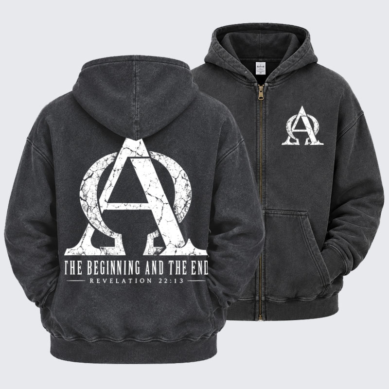 Washed Zip-Up Hoodie - Alpha & Omega – The Beginning and the End - Black (front and back)