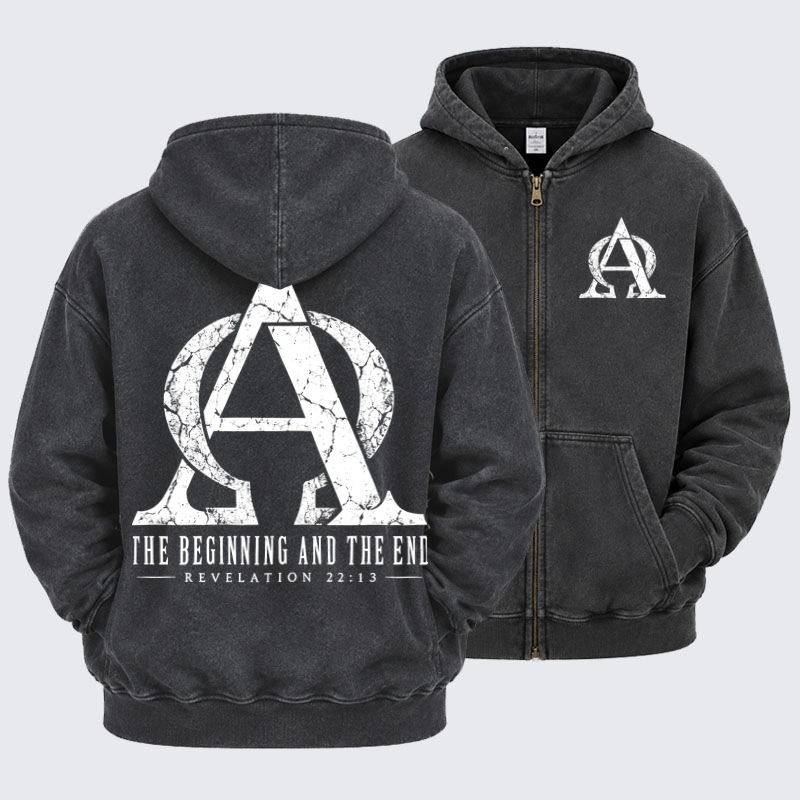 Washed Zip-Up Hoodie - Alpha & Omega – The Beginning and the End - Black